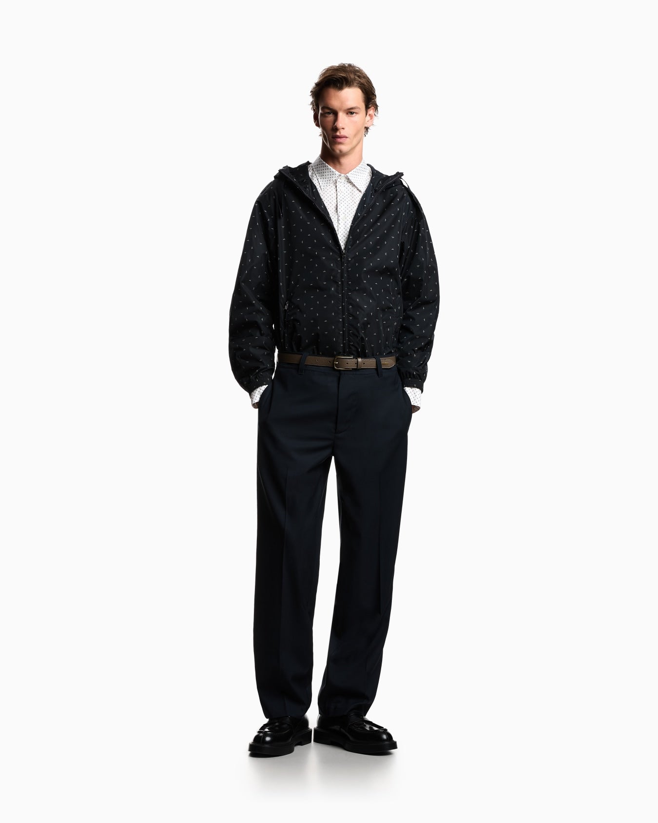 Blouson con cappuccio in nylon grafica micro eagle all over